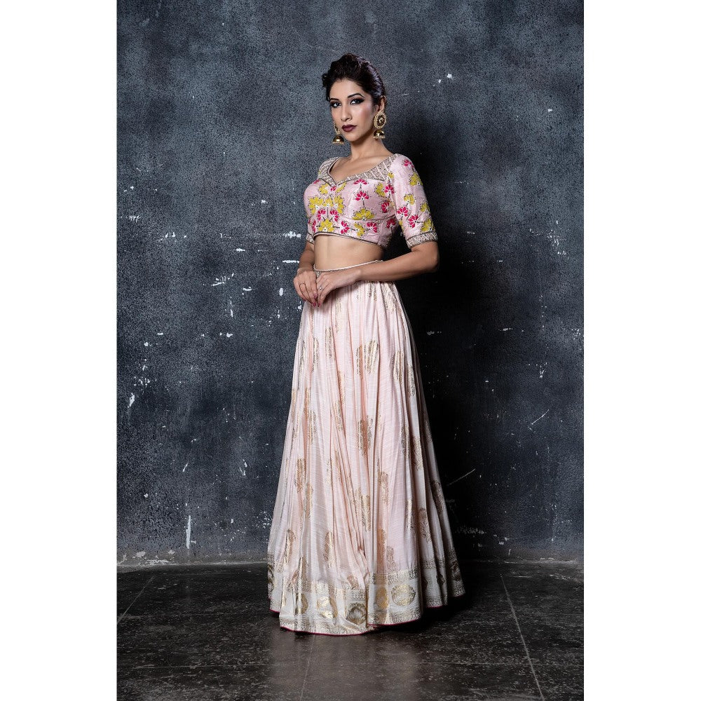 Aaryaa By Kashveen Kohli Nude Pink Foil Print Skirt with Crop Top (Set of 2)