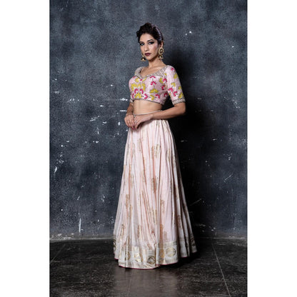 Aaryaa By Kashveen Kohli Nude Pink Foil Print Skirt with Crop Top (Set of 2)