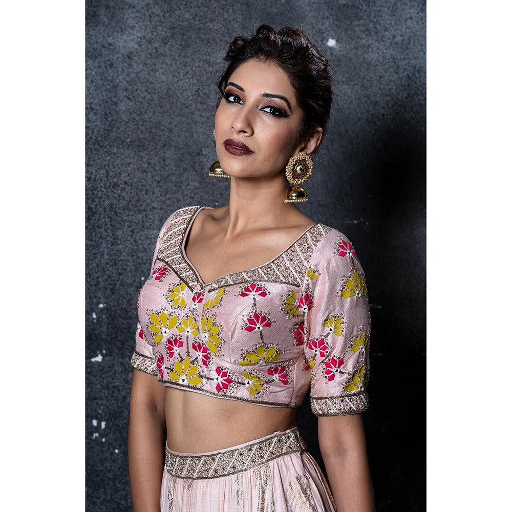 Aaryaa By Kashveen Kohli Nude Pink Foil Print Skirt with Crop Top (Set of 2)
