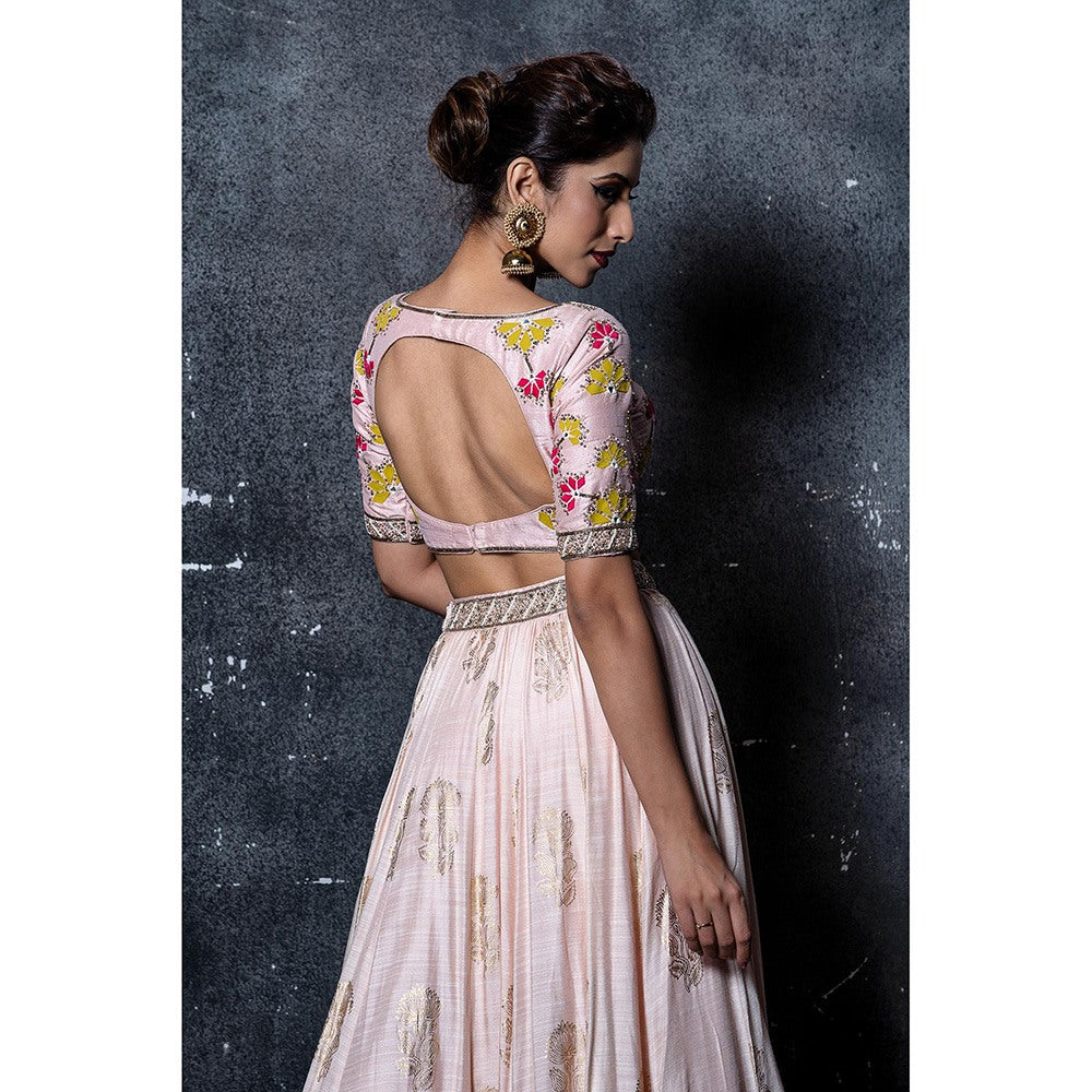 Aaryaa By Kashveen Kohli Nude Pink Foil Print Skirt with Crop Top (Set of 2)