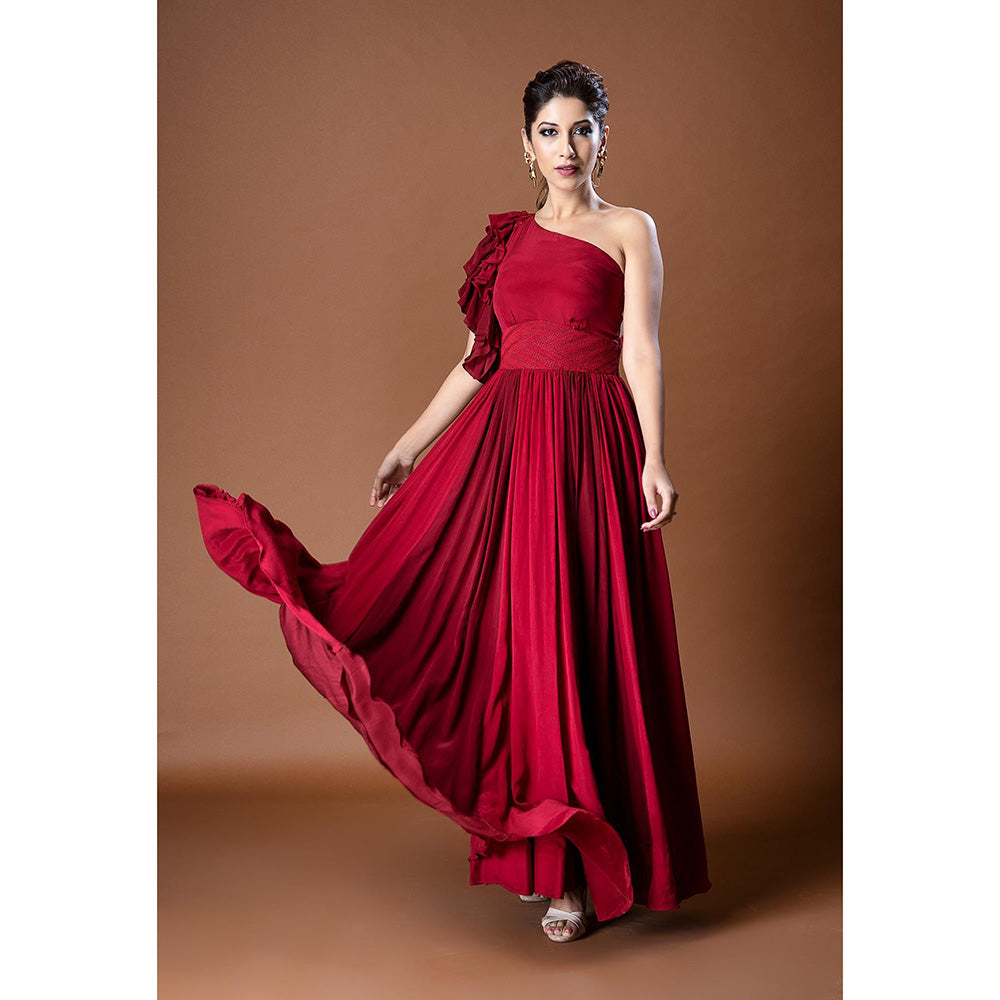 Aaryaa By Kashveen Kohli Red Pure Crepe One Shoulder Gown