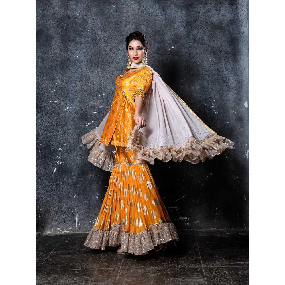 Aaryaa By Kashveen Kohli Yellow Embroidered Short Kurta with Sharara and Dupatta (Set of 3)
