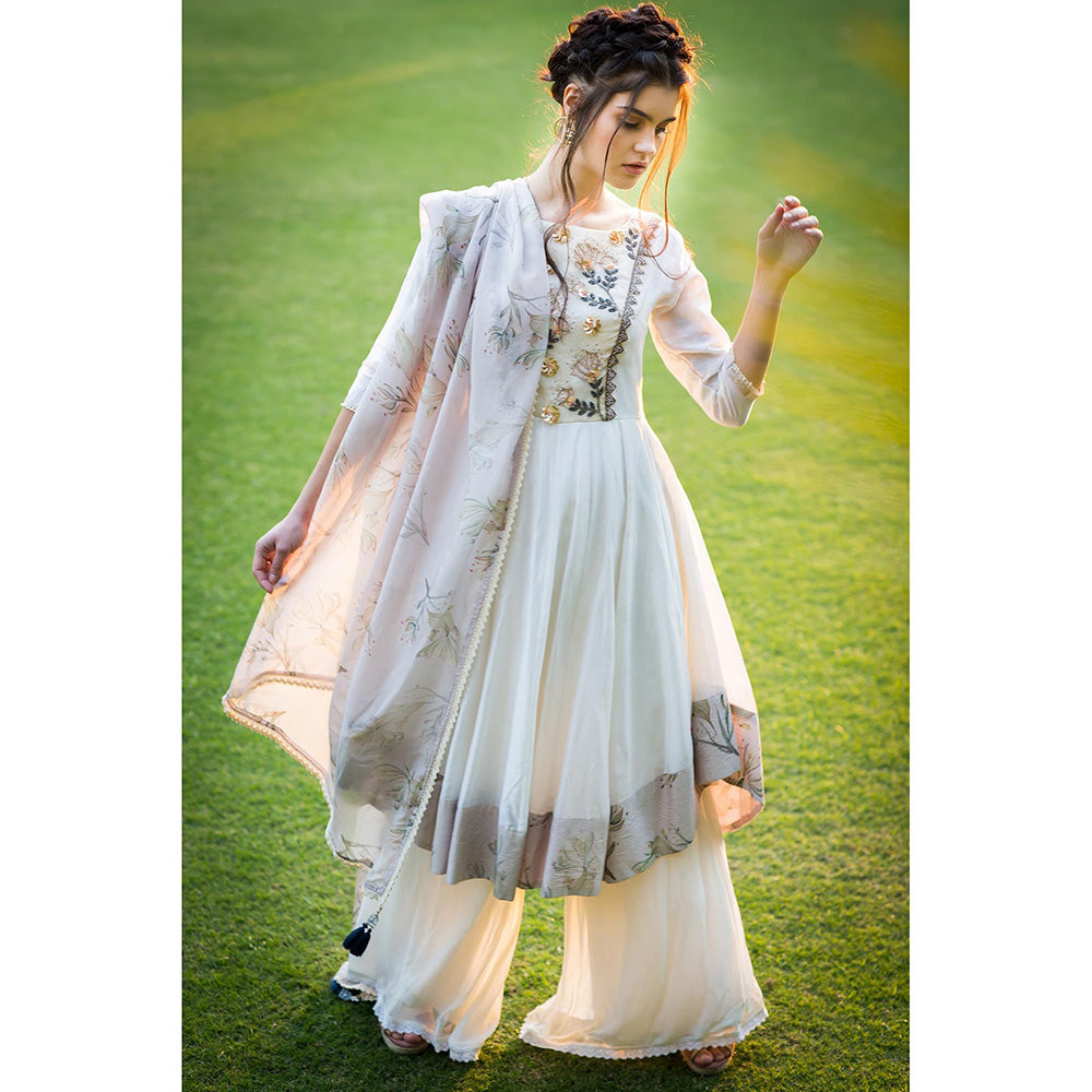 Aaryaa By Kashveen Kohli Off White Chanderi Anarkali with Palazzo and Dupatta (Set of 3)