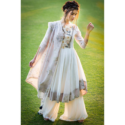 Aaryaa By Kashveen Kohli Off White Chanderi Anarkali with Palazzo and Dupatta (Set of 3)