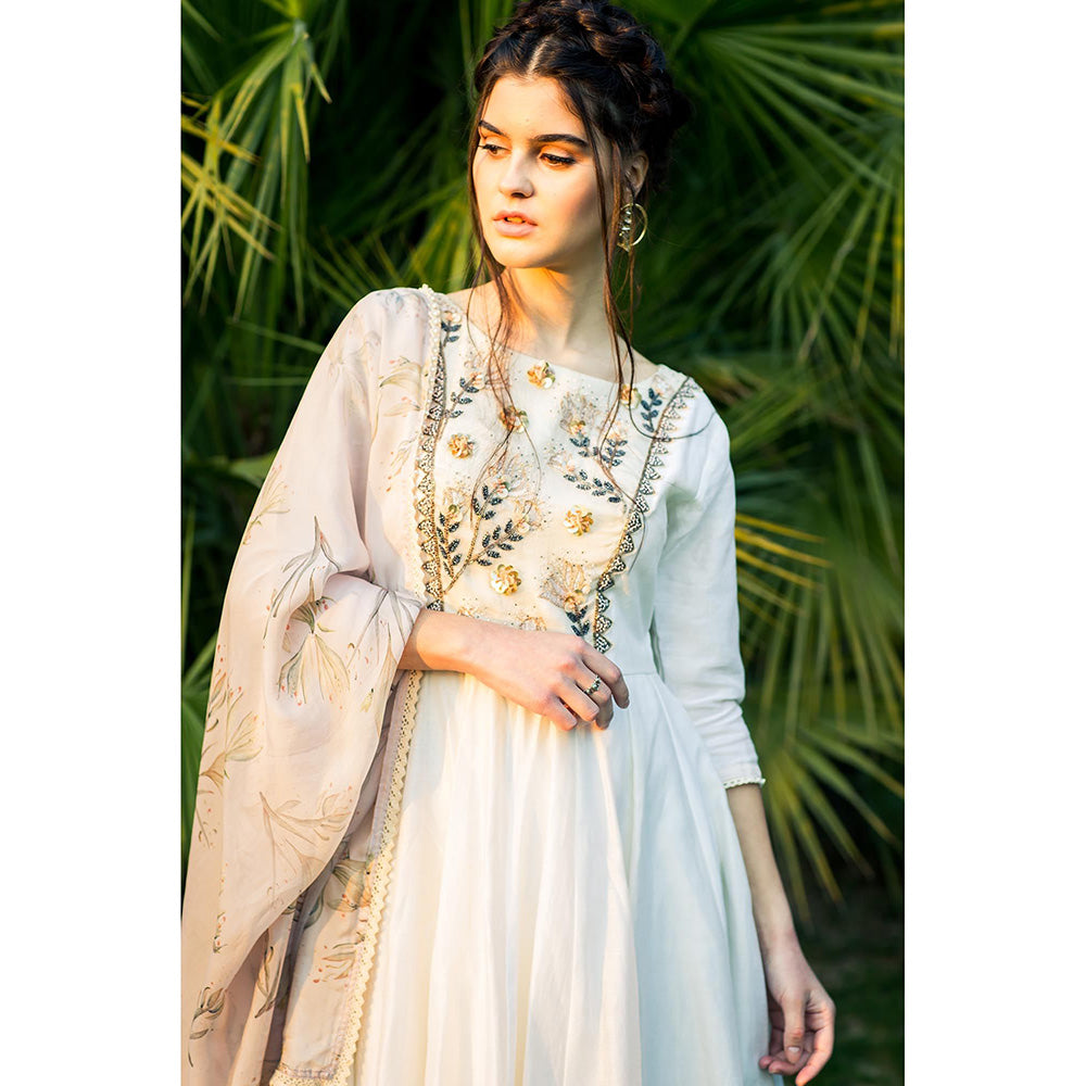 Aaryaa By Kashveen Kohli Off White Chanderi Anarkali with Palazzo and Dupatta (Set of 3)