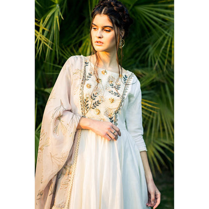 Aaryaa By Kashveen Kohli Off White Chanderi Anarkali with Palazzo and Dupatta (Set of 3)