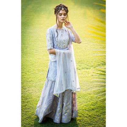 Aaryaa By Kashveen Kohli Blue Embroidered Kurta with Foil Print Sharara and Dupatta (Set of 3)