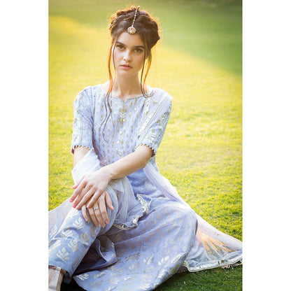 Aaryaa By Kashveen Kohli Blue Embroidered Kurta with Foil Print Sharara and Dupatta (Set of 3)