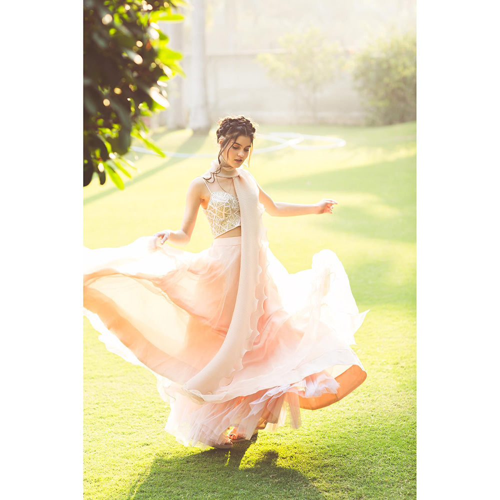 Aaryaa By Kashveen Kohli Baby Pink Organza Lehenga with Blouse and Dupatta (Set of 3)