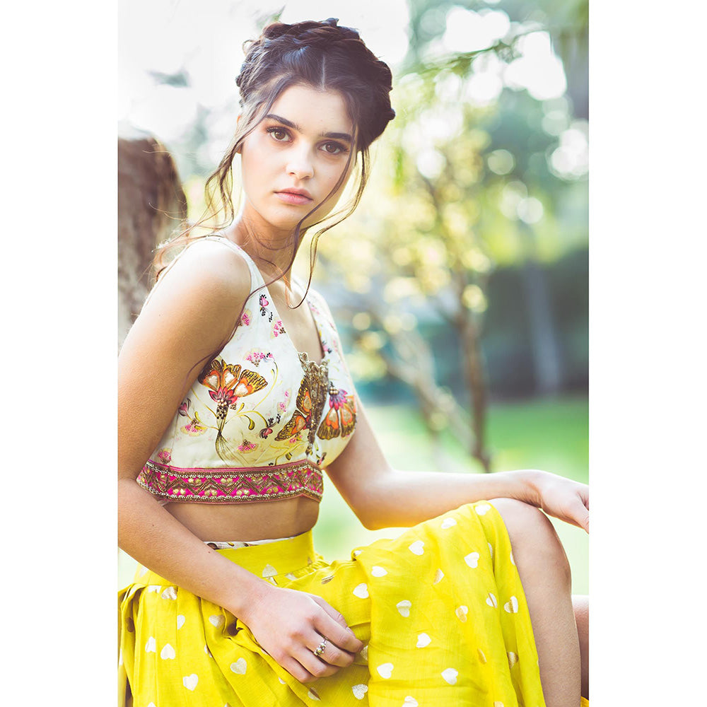 Aaryaa By Kashveen Kohli Lime Green Draped Skirt with Print Embroidered Crop Top (Set of 2)