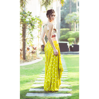 Aaryaa By Kashveen Kohli Lime Green Draped Skirt with Print Embroidered Crop Top (Set of 2)