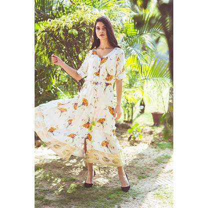 Aaryaa By Kashveen Kohli Off White Tulip Print Button Down Dress with Belt (Set of 2)