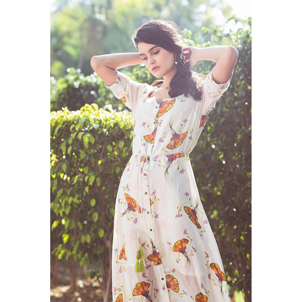 Aaryaa By Kashveen Kohli Off White Tulip Print Button Down Dress with Belt (Set of 2)