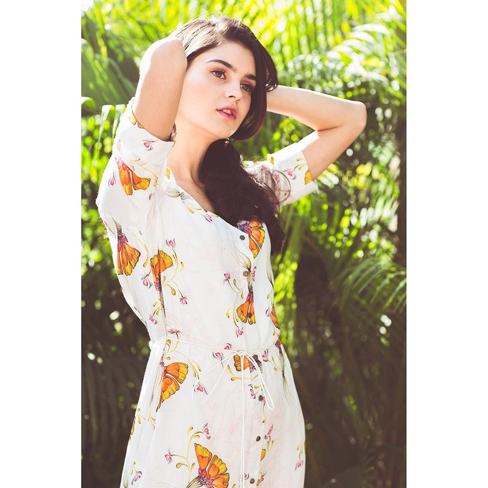 Aaryaa By Kashveen Kohli Off White Tulip Print Button Down Dress with Belt (Set of 2)