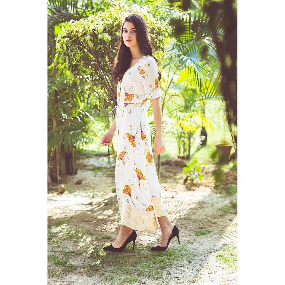 Aaryaa By Kashveen Kohli Off White Tulip Print Button Down Dress with Belt (Set of 2)