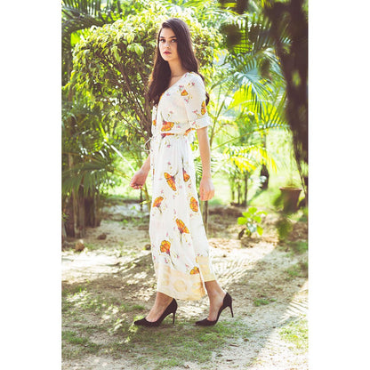 Aaryaa By Kashveen Kohli Off White Tulip Print Button Down Dress with Belt (Set of 2)
