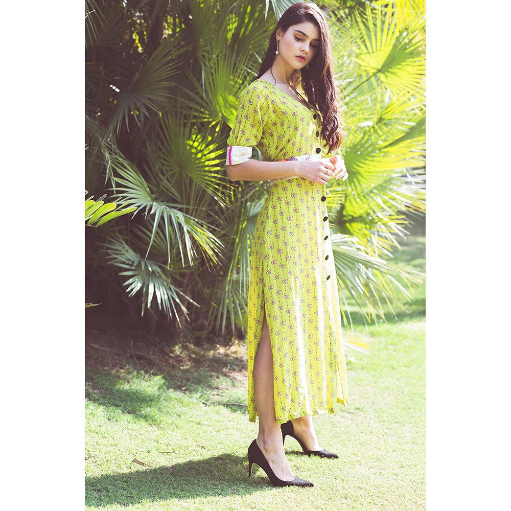 Aaryaa By Kashveen Kohli Lime Green Print Button Down Dress with Belt (Set of 2)