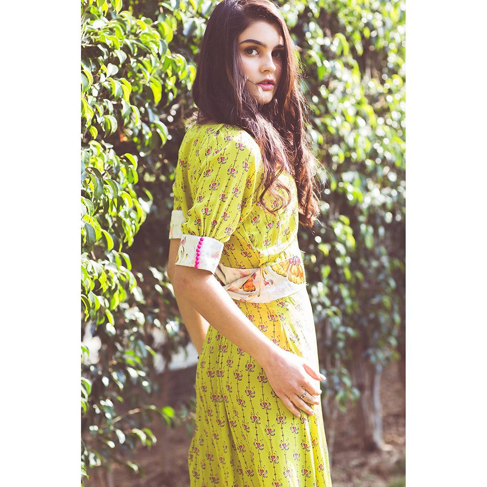 Aaryaa By Kashveen Kohli Lime Green Print Button Down Dress with Belt (Set of 2)