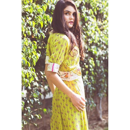 Aaryaa By Kashveen Kohli Lime Green Print Button Down Dress with Belt (Set of 2)