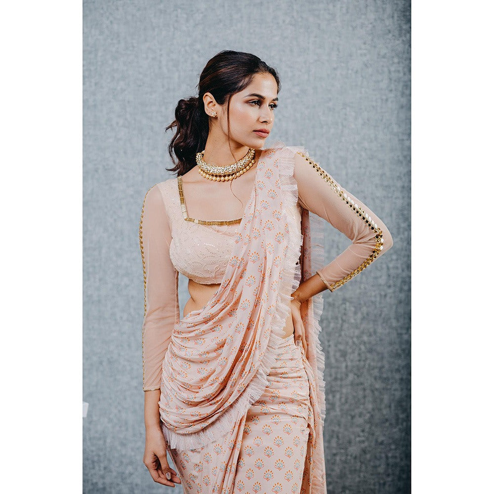Aaryaa By Kashveen Kohli Peach Print Pre Draped Saree with Stitched Blouse