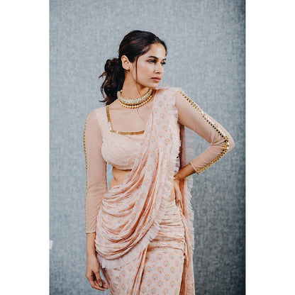 Aaryaa By Kashveen Kohli Peach Print Pre Draped Saree with Stitched Blouse