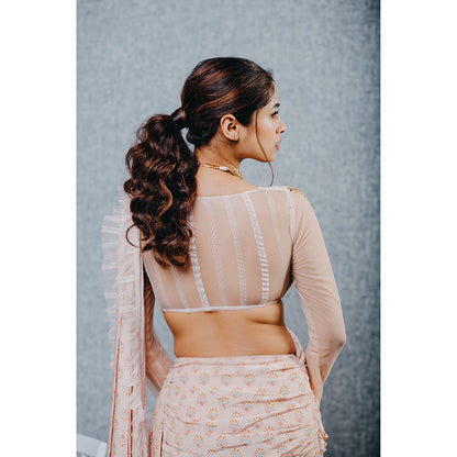 Aaryaa By Kashveen Kohli Peach Print Pre Draped Saree with Stitched Blouse