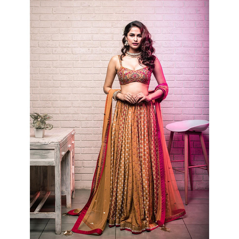 Aaryaa By Kashveen Kohli Mustard Embroidered Lehenga with Blouse and Dupatta (Set of 3)