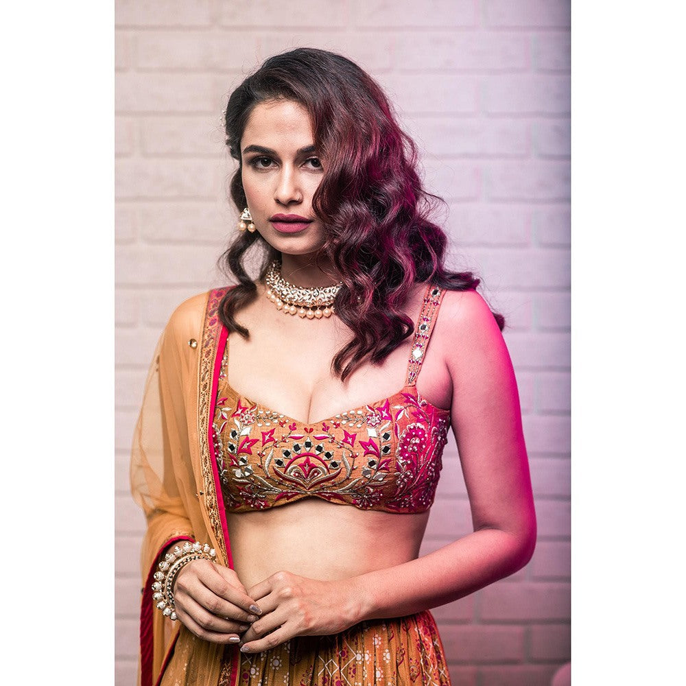 Aaryaa By Kashveen Kohli Mustard Embroidered Lehenga with Blouse and Dupatta (Set of 3)