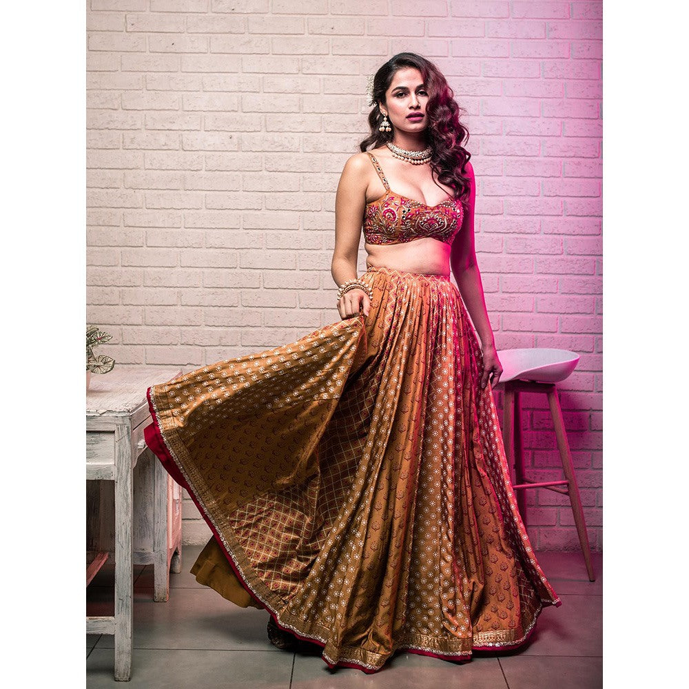 Aaryaa By Kashveen Kohli Mustard Embroidered Lehenga with Blouse and Dupatta (Set of 3)
