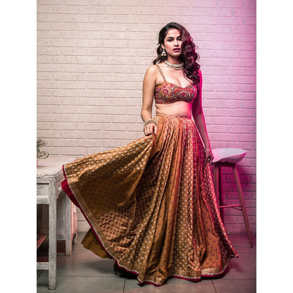 Aaryaa By Kashveen Kohli Mustard Embroidered Lehenga with Blouse and Dupatta (Set of 3)