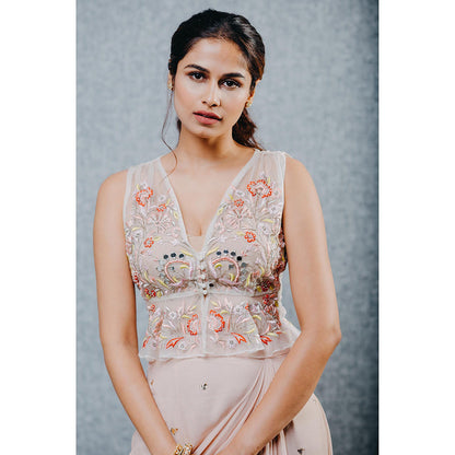 Aaryaa By Kashveen Kohli Peach Draped Skirt with Embroidered Peplum Top (Set of 2)