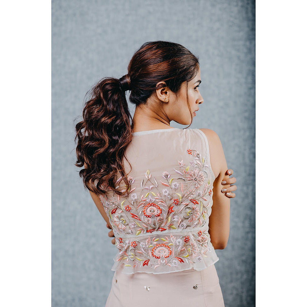 Aaryaa By Kashveen Kohli Peach Draped Skirt with Embroidered Peplum Top (Set of 2)