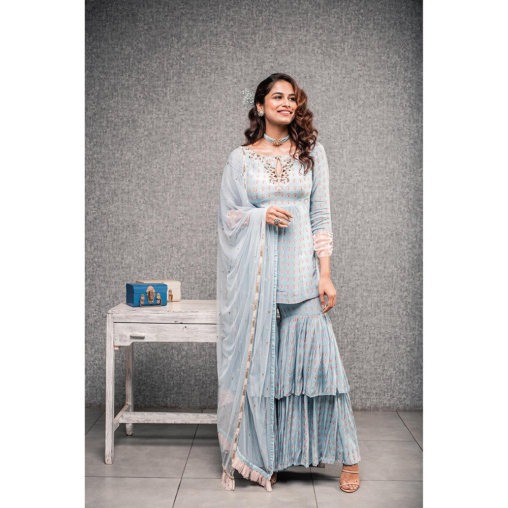 Aaryaa By Kashveen Kohli Blue Printed Sharara with Kurta and Dupatta (Set of 3)