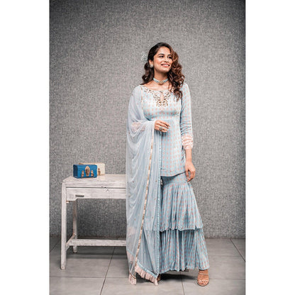 Aaryaa By Kashveen Kohli Blue Printed Sharara with Kurta and Dupatta (Set of 3)