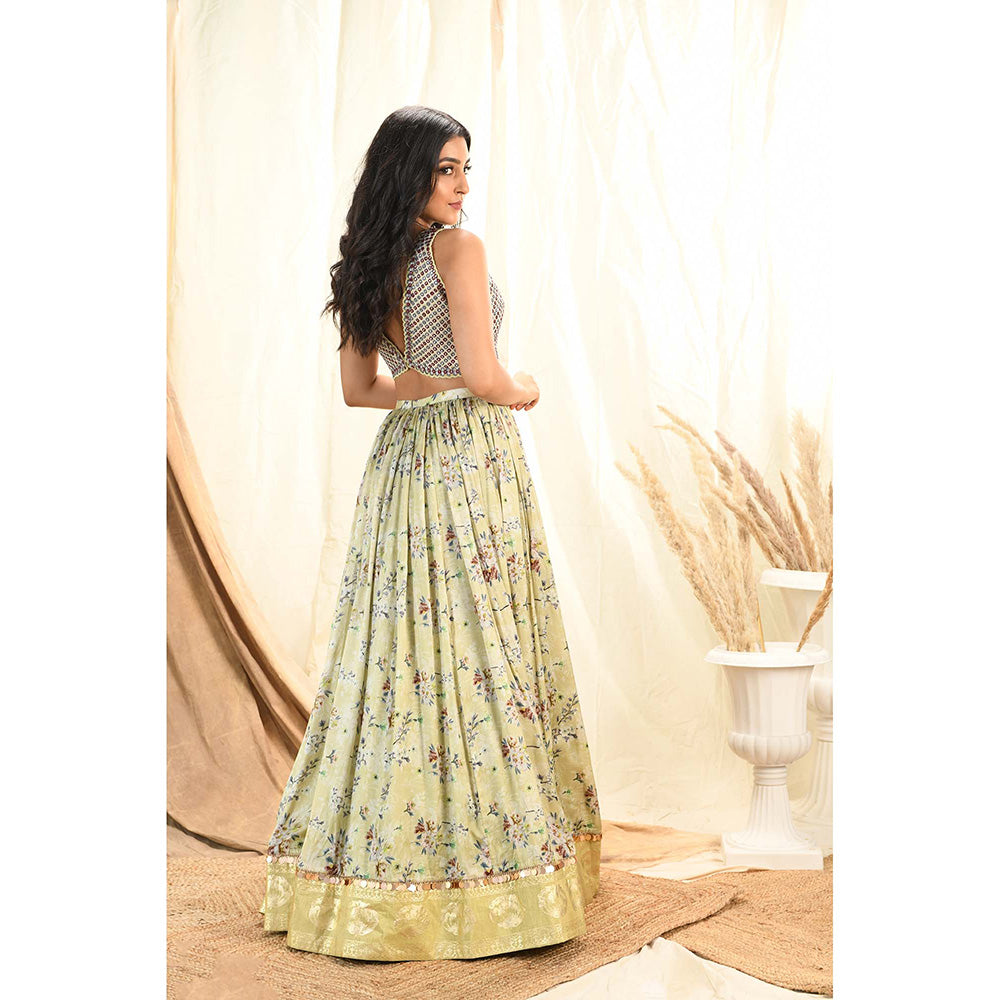 Aaryaa By Kashveen Kohli Green Sage Floral Printed Lehenga with Blouse and Dupatta