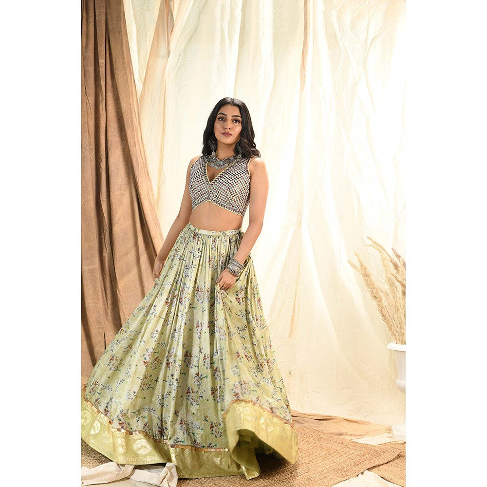 Aaryaa By Kashveen Kohli Green Sage Floral Printed Lehenga with Blouse and Dupatta