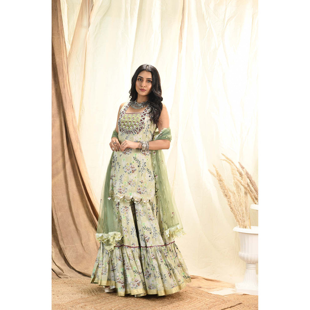 Aaryaa By Kashveen Kohli Green Sage Printed Kurta with Sharara and Dupatta