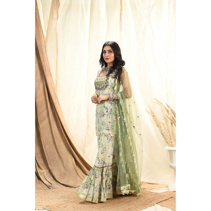 Aaryaa By Kashveen Kohli Green Sage Printed Kurta with Sharara and Dupatta