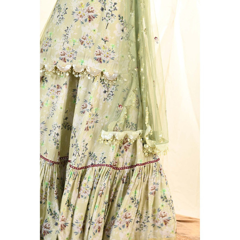 Aaryaa By Kashveen Kohli Green Sage Printed Kurta with Sharara and Dupatta
