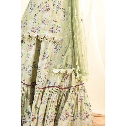 Aaryaa By Kashveen Kohli Green Sage Printed Kurta with Sharara and Dupatta