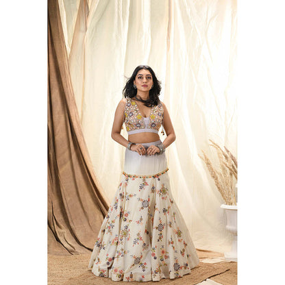Aaryaa By Kashveen Kohli White Floral Mirror & Thread Embroidered Lehenga With Blouse
