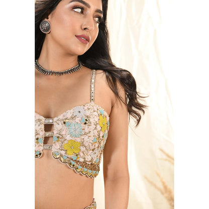 Aaryaa By Kashveen Kohli Pink Pastel Mirror Embroidered Lehenga With Blouse And Dupatta