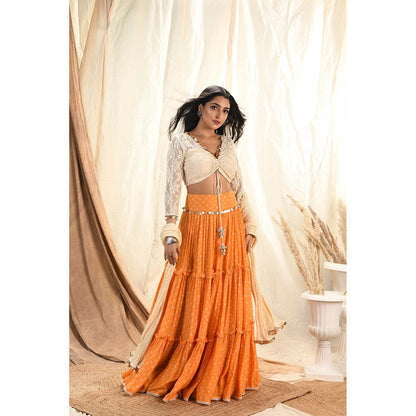 Aaryaa By Kashveen Kohli Orange Bandhani Tiered Lehenga With Blouse And Dupatta