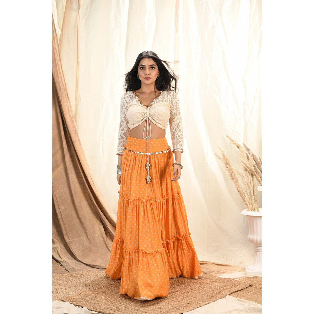 Aaryaa By Kashveen Kohli Orange Bandhani Tiered Lehenga With Blouse And Dupatta