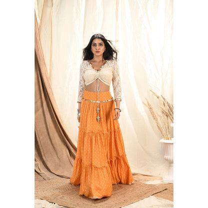 Aaryaa By Kashveen Kohli Orange Bandhani Tiered Lehenga With Blouse And Dupatta