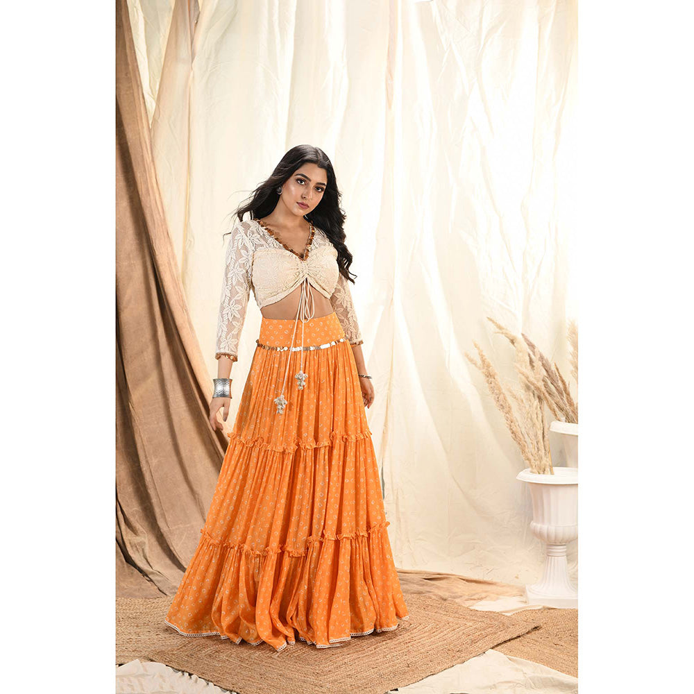 Aaryaa By Kashveen Kohli Orange Bandhani Tiered Lehenga With Blouse And Dupatta