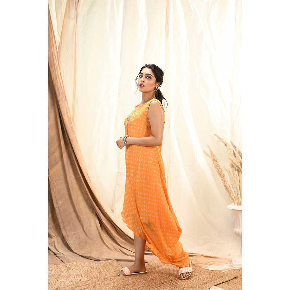 Aaryaa By Kashveen Kohli Orange Bandhani Drape Dress With Slip And Cape
