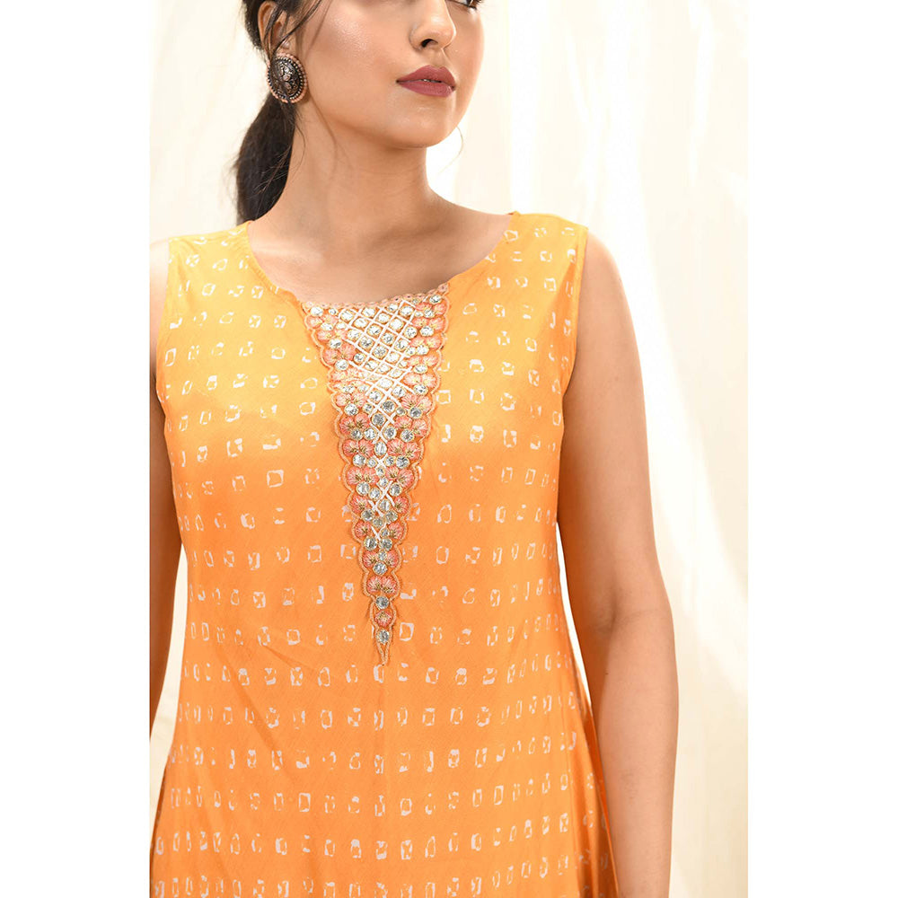 Aaryaa By Kashveen Kohli Orange Bandhani Drape Dress With Slip And Cape