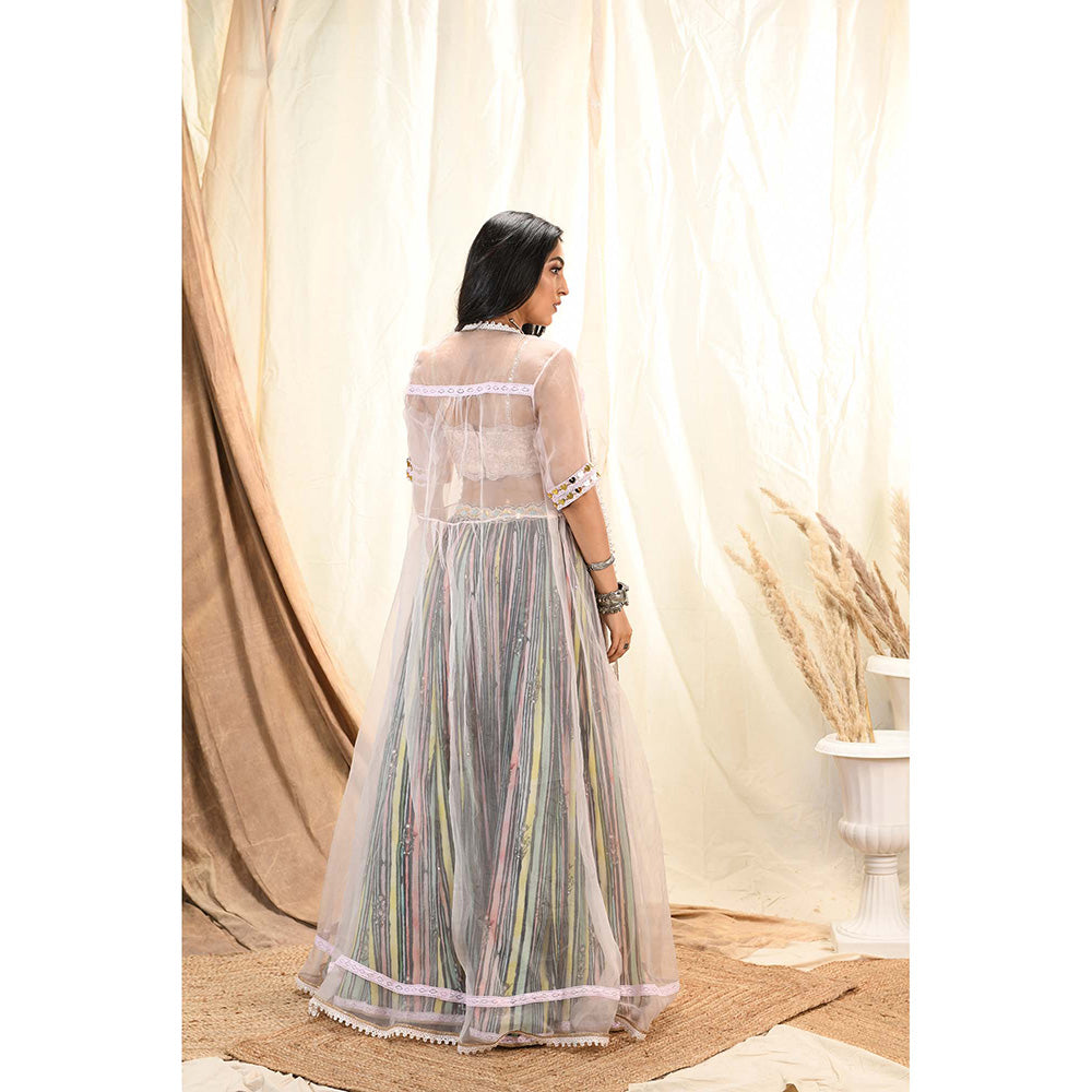 Aaryaa By Kashveen Kohli Multi-Colour Lace Bustier With Cape And Lehenga