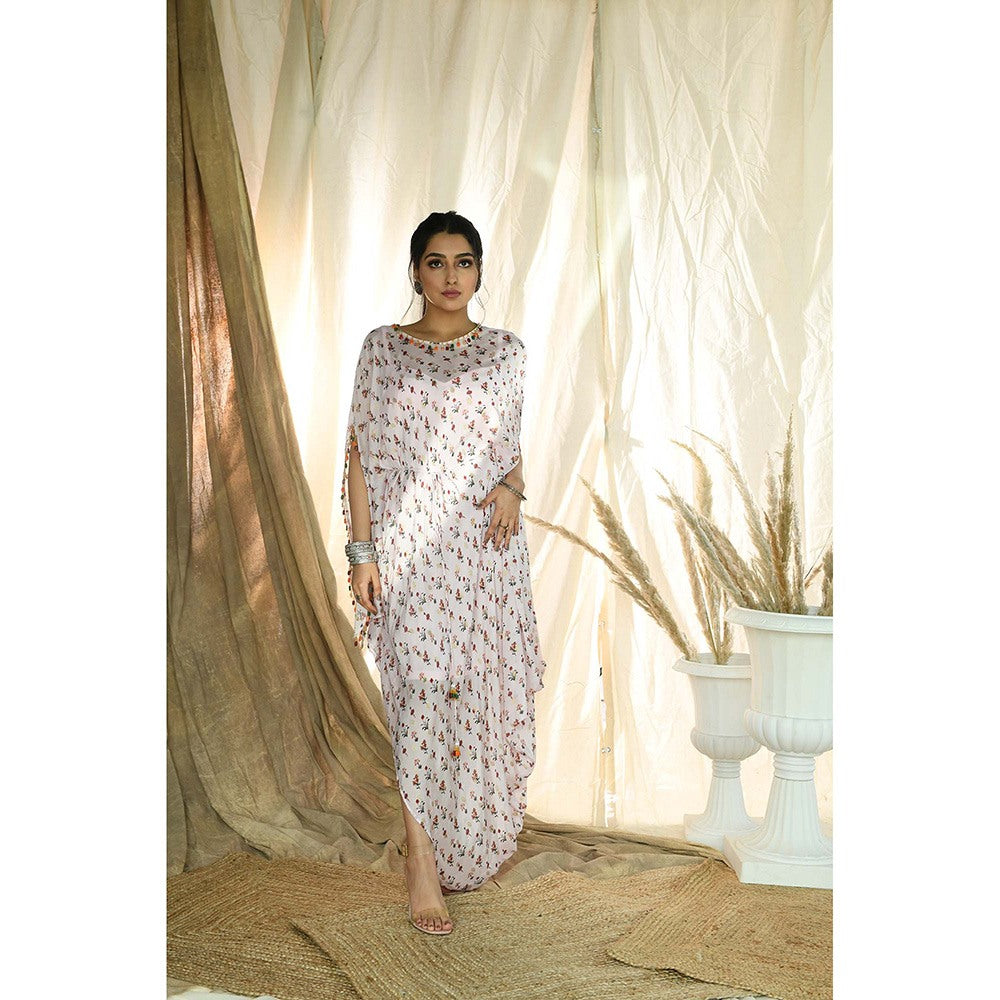 Aaryaa By Kashveen Kohli Baby Pink Floral Print & Brocade Kaftan Dress With Slip